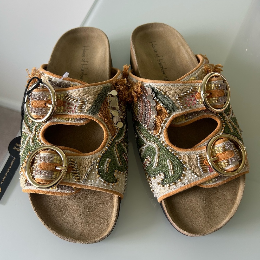 House of Harlow 1960 Beaded Leaf Leather Buckle Sandals